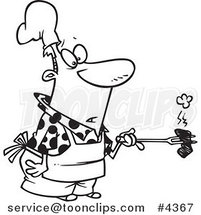 Cartoon Black and White Line Drawing of a Cook Holding a Burnt Piece of Meat by Toonaday