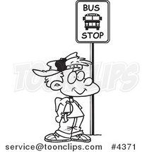 Cartoon Black and White Line Drawing of a Boy Waiting at a School Bus Stop by Toonaday