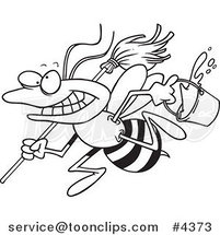 Cartoon Black and White Line Drawing of a Busy Janitorial Bee by Toonaday