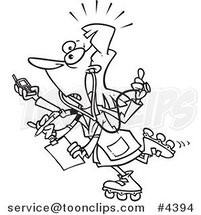 Cartoon Black and White Line Drawing of a Multi Tasking Female Doctor on Roller Blades by Toonaday