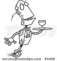 Cartoon Black and White Line Drawing of a Butler Robot Serving Wine by Toonaday