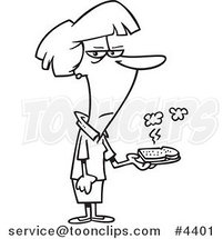 Cartoon Black and White Line Drawing of a Lady Holding a Burnt Piece of Toast by Toonaday
