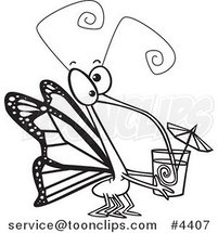 Cartoon Black and White Line Drawing of a Butterfly Sucking Nectar out of a Cup by Toonaday