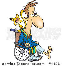 Cartoon Cat Behind a Guy with Broken Limbs in a Wheelchair by Toonaday