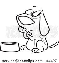 Cartoon Black and White Line Drawing of a Hungry Dog Watching His Bowl by Toonaday