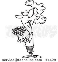 Cartoon Black and White Line Drawing of a Lady Holding a Bouquet by Toonaday