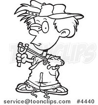 Cartoon Black and White Line Drawing of a Boy Using a Slingshot by Toonaday