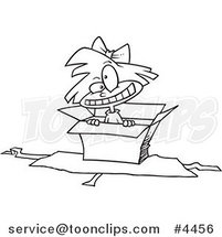 Cartoon Black and White Line Drawing of a Girl Popping out of a Gift Box by Toonaday