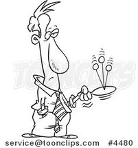 Cartoon Black and White Line Drawing of a Bored Business Man Playing Paddle Ball by Toonaday