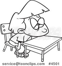 Cartoon Black and White Line Drawing of a Bored School Girl at Her Desk by Toonaday