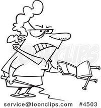 Cartoon Black and White Line Drawing of a Business Woman Holding a Whip and Chair by Toonaday
