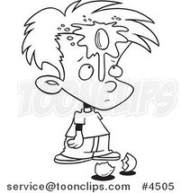 Cartoon Black and White Line Drawing of a Boy with an Egg on His Face by Toonaday