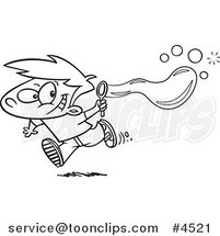 Cartoon Black and White Line Drawing of a Boy Using a Bubble Maker by Toonaday