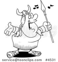 Cartoon Black and White Line Drawing of a Female Viking Opera Singer by Toonaday