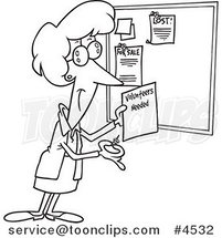 Cartoon Black and White Line Drawing of a Lady Posting a Volunteers Needed Sign on a Bulletin Board by Toonaday