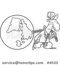 Cartoon Black and White Line Drawing of a Business Man Pulling Earth by Toonaday