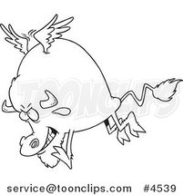 Cartoon Black and White Line Drawing of a Buffalo with Wings by Toonaday