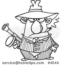 Cartoon Black and White Line Drawing of a Gangster Holding a Gun and Smoking a Cigar by Toonaday