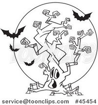 Outlined Cartoon Halloween Spooky Tree with Vampire Bats by Toonaday