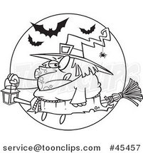 Outlined Cartoon Fat Halloween Witch Holding a Lantern on a Broomstick by Toonaday