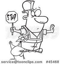 Outlined Cartoon Road Construction Worker Watching a Chicken Cross the Road by Toonaday
