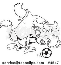 Cartoon Black and White Line Drawing of a Soccer Bull by Toonaday