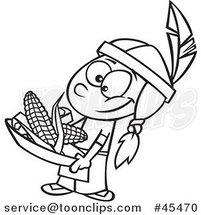 Outlined Cartoon Native American Boy Holding Corn by Toonaday