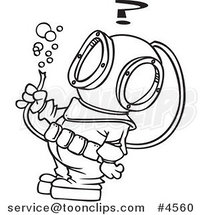 Cartoon Black and White Line Drawing of a Diver Looking at a Hose with Bubbles by Toonaday