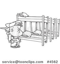 Cartoon Black and White Line Drawing of a Summer Camp Boy Looking at Bunk Beds by Toonaday