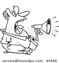 Cartoon Black and White Line Drawing of a Business Man Screaming Through a Bullhorn by Toonaday