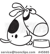 Cartoon Black and White Hungry Dog Looking over His Shoulder by a Dish by Toonaday