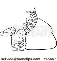 Cartoon Black and White Santa Staring at a Giant Sack Full of Gifts by Toonaday
