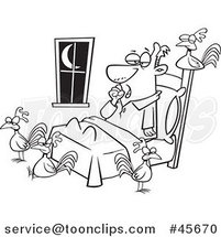 Cartoon Black and White Tired Guy with Chickens Around His Bed by Toonaday