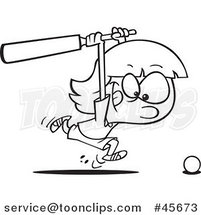 Cartoon Black and White Sporty Cricket Girl Chasing a Ball with a Bat by Toonaday