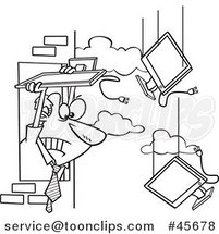 Cartoon Black and White Business Man Throwing Old Monitors out an Office Window by Toonaday