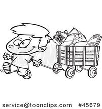 Cartoon Black and White Happy Little Boy Pulling a Wagon Full of Toys by Toonaday