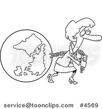 Cartoon Black and White Line Drawing of a Business Woman Pulling Earth by Toonaday