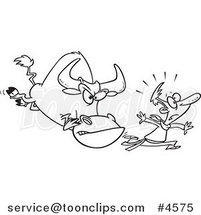 Cartoon Black and White Line Drawing of a Guy Running from a Bull by Toonaday