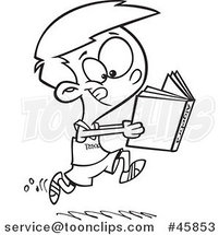 Cartoon Black and White Boy Running Track and Reading an Algebra Book by Toonaday