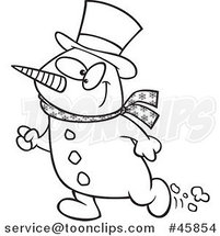 Cartoon Black and White Happy Christmas Snowman Walking by Toonaday