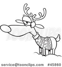 Cartoon Black and White Unhappy Reindeer in an Ugly Christmas Sweater by Toonaday