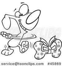 Cartoon Outlined Happy Christmas Dog Doing a Happy Dance by a Bone Gift by Toonaday