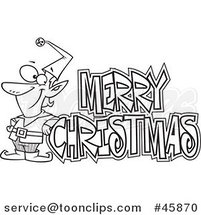 Cartoon Black and White Merry Christmas Greeting and Happy Elf by Toonaday