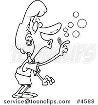 Cartoon Black and White Line Drawing of a Lady Using a Bubble Maker by Toonaday