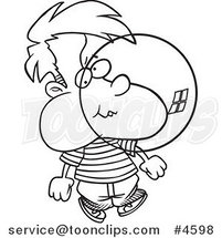 Cartoon Black and White Line Drawing of a Boy Blowing Bubble Gum by Toonaday