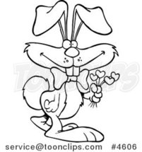 Cartoon Black and White Line Drawing of a Romantic Rabbit Holding Flowers by Toonaday