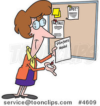 Cartoon Lady Posting a Volunteers Needed Sign on a Bulletin Board by Toonaday