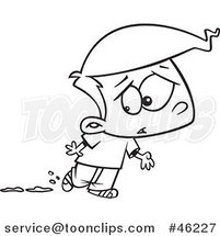 Line Art Cartoon Boy Worried About Muddy Shoes by Toonaday