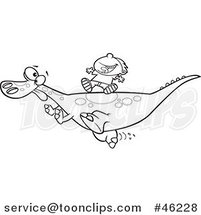 Line Art Cartoon Boy Riding on a Pet T Rex Dinosaur by Toonaday
