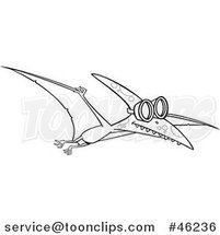 Line Art Cartoon Pterodactyl Dinosaur Flying in Goggles by Toonaday